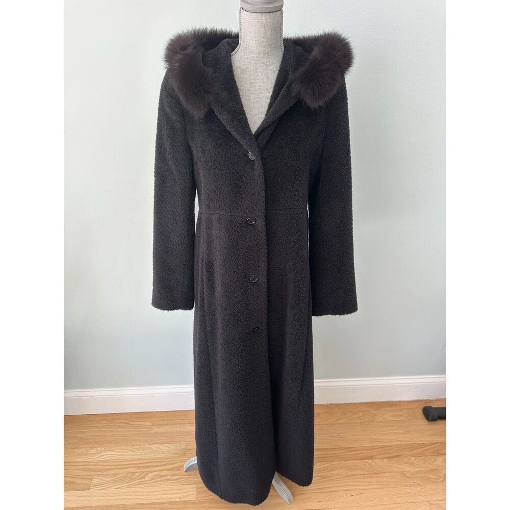 Steve by Searle Long Black Hooded Wool Coat Fur Trim Maxi Winter Elegant sz 10 - Picture 2 of 7